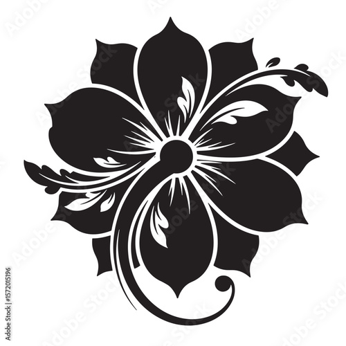 Elegant black and white floral design with detailed petals and decorative swirls