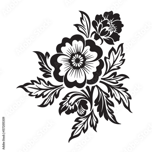 Elegant black and white floral design with flourishes and leafy elements on white background