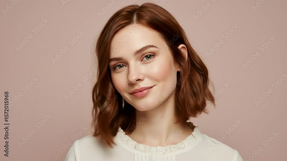 Woman with auburn wavy bob in cream blouse smiles softly against a light pink background