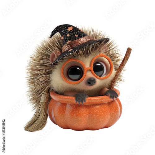 Adorable Halloween Hedgehog in Pumpkin Witch Hat and Glasses