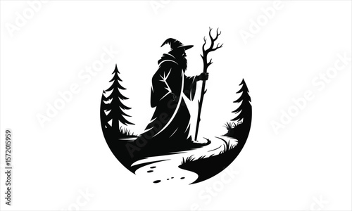 Mystical wizard casting a spell silhouette