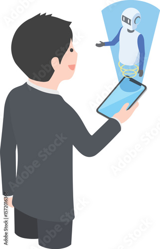 AIが搭載されたスマートフォンを手に持っているスーツの男性
