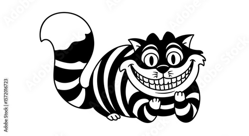 An iconic black and white cartoon drawing of the mischievous Cheshire Cat, known for its distinctive stripes and enigmatic smile.