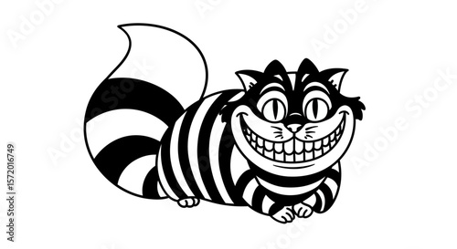 A whimsical black and white cartoon illustration of the iconic Cheshire Cat from Alice in Wonderland, featuring its signature wide, mischievous grin and striped fur.