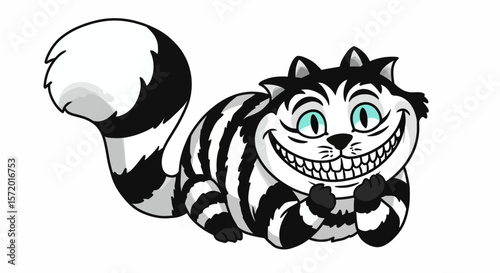 A whimsical black and white striped Cheshire Cat illustration with a wide, mischievous grin and bright turquoise eyes, embodying fantasy and mystery.