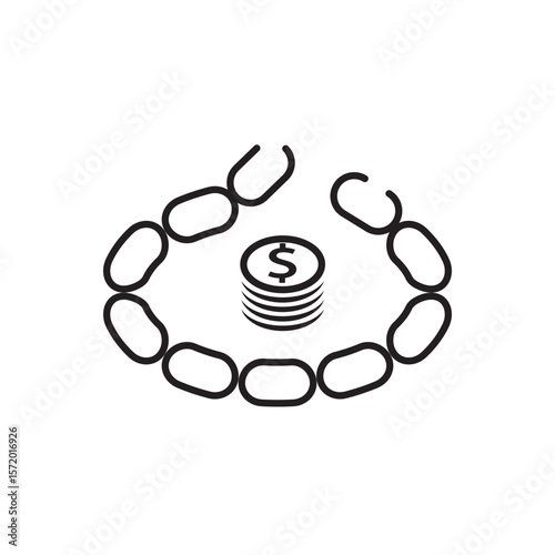 Minimal line icon of broken chain surrounding dollar coins, symbolizing financial debt, money trap, or economic burden. Ideal for finance, credit, and budgeting themes.
