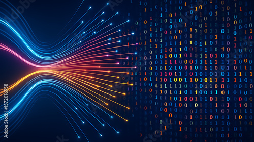 vibrant glowing lines transforming into binary code illustrating digital data stream communication in high-tech ai system with coded interface