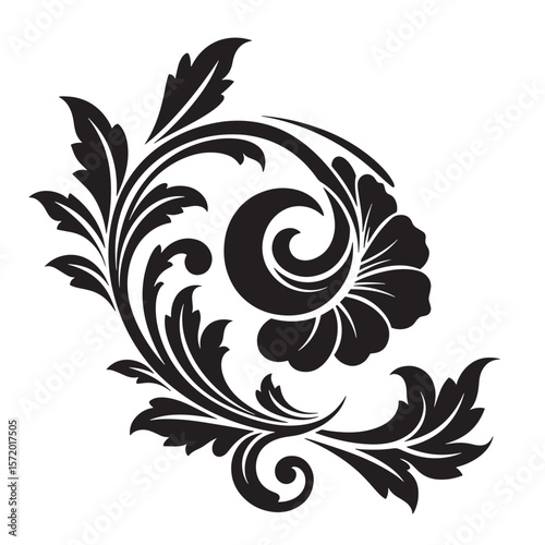 Elegant black floral ornament with scroll design and leaf motif on a white background