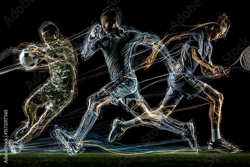 A creative light-trail collage of athletes football and tennis of in motion
