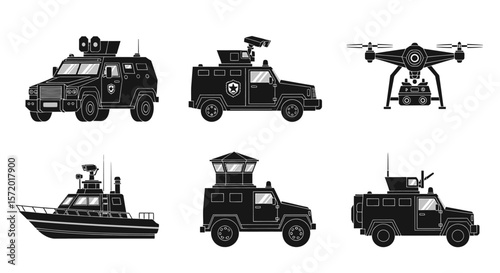 Black and White Security Vehicles and Drone Vector Illustration