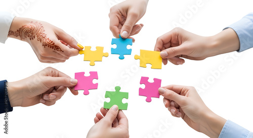 Collaborative puzzle pieces representing teamwork and cooperation for problem solving in business PNG file isolated on transparent background cut out, clipping path, social media, Advertisement, high.