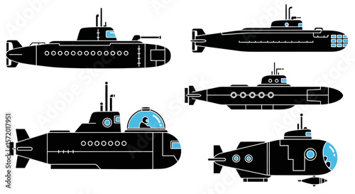 Vector Illustrations of Various Black Submarines with Distinctive Designs