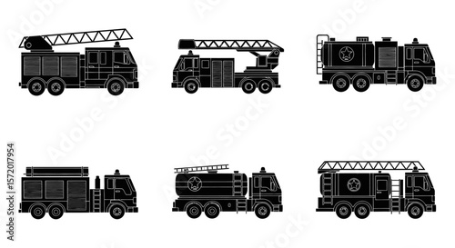 Fire Truck Silhouettes: Emergency Vehicle Icons with Ladders and Water Tanks