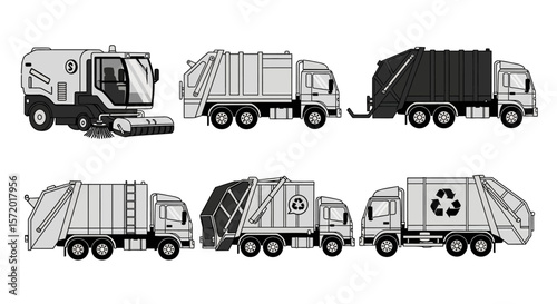 Collection of Six Sanitation Vehicles: Street Sweeper and Garbage Trucks