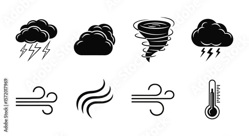 Weather Icons Set: Clouds, Lightning, Tornado, Wind, and Thermometer