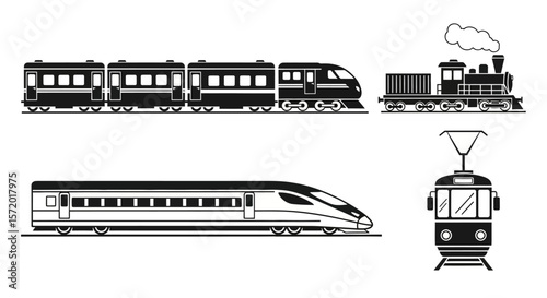 Black and White Train Silhouettes Depicting Various Transportation Vehicles