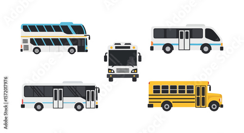 Collection of Five Colorful Cartoon Buses: School Bus, Double Decker, and More