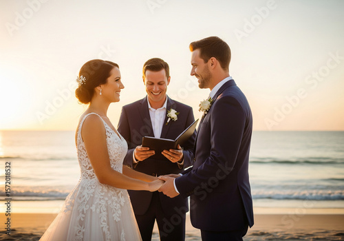 Romantic beach wedding ceremony at sunset, with the bride and groom holding hands as the officiant speaks against a backdrop of ocean waves and colorful sky