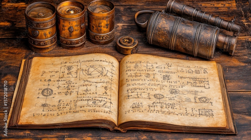 Obraz premium Aged book with arcane symbols and brass containers on a wooden table