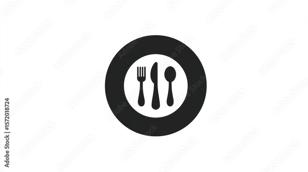 Obraz premium Simple graphic icon shows a plate with cutlery (fork, knife, spoon) against white
