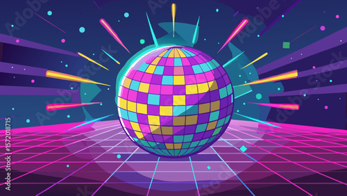 Neon disco ball with spark effects - Stock Graphic