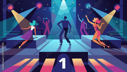 Dance floor with spotlights and silhouettes d - Vector Art