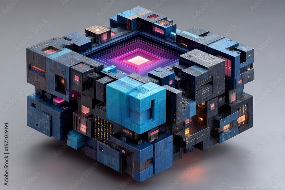 Obraz premium Intricate futuristic cube structure with glowing internal core and scattered lighting
