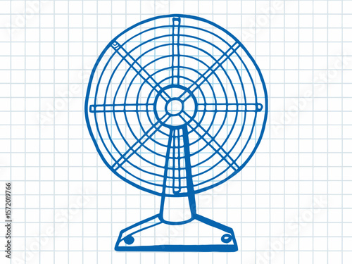 Hand-drawn Illustration of a Vintage Fan on Graph Paper Background for Home Decor Blogs, DIY Projects, Art Inspiration, and Creative Design Websites  