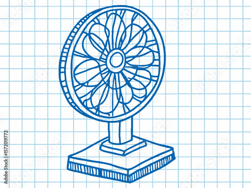 Hand-Drawn Illustration of a Vintage Fan on Graph Paper Background for Creative Projects, Design Concepts, Art Blogs, Educational Content, and Online Teaching Resources  