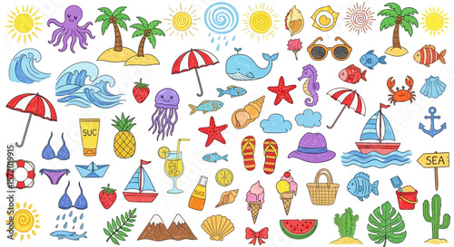 Colorful Hand-Drawn Summer Icons: Beach, Sea, and Vacation Elements