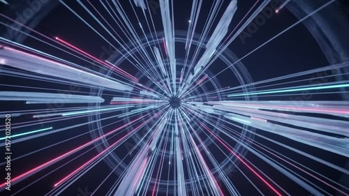 Moving Through Digital Tunnel of Glowing Red and Blue Data Lines