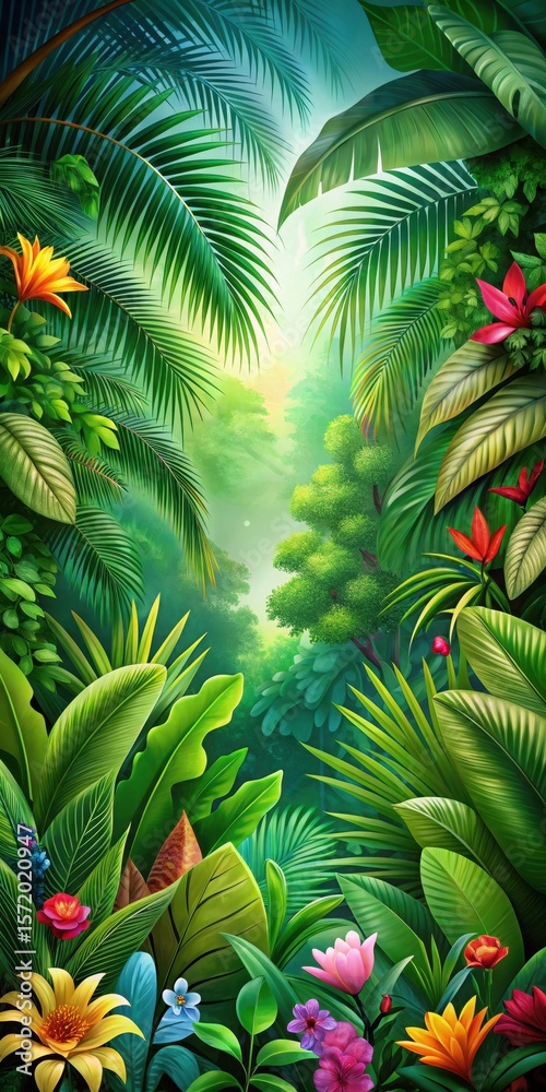 Obraz premium Dense foliage with vibrant green leaves and colorful exotic flowers amidst lush jungle foliage