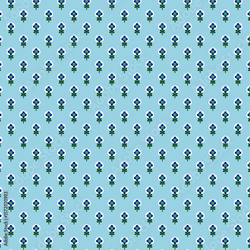 Small simplified geometric decorative flowers on light blue background Fabric print, decorative textile, wallpapers, home decor, wrapping paper