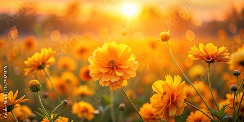 Warm sunset over a field of vibrant yellow and orange flowers