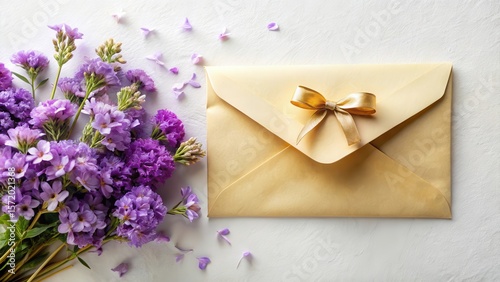 Delicate Purple Flowers in a Congratulatory Envelope with Gold Sealing and Ribbon