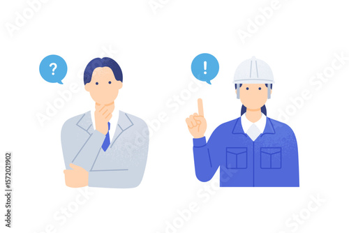 建設業界の課題解決 考える作業員とアイデアをひらめく現場監督のベクターイラスト素材