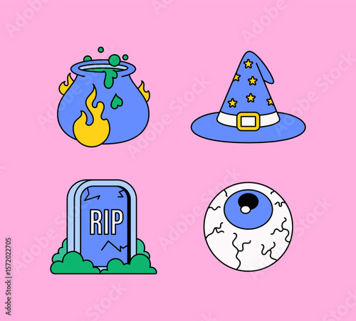 Colorful Halloween Icon Set Cauldron, Witch Hat, Tombstone, Eyeball cartoon vector
