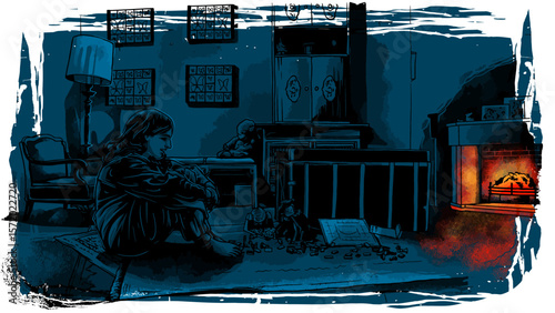 Moody interior scene with a woman sitting near scattered objects and a warm fireplace.