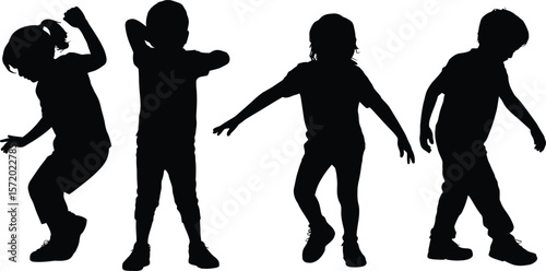 Diverse group of children in silhouette dancing and playing together happily