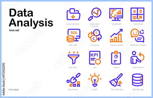 Vector minimal  line style Icon set of  data, analysis, dashboard report, big data, database for presentation or dashboard use