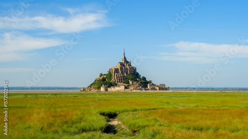Timelapse of Mont Saint-Michel in Normandy, France on a Clear Sunny Day