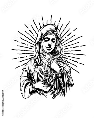 Virgin Mary with Sacred Heart in Black and White Line Art Illustration.