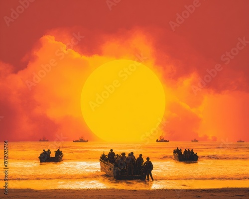 Authentic V I Emancipation Day Military Landing Craft Approach with Soldiers, Summer Juneteenth Celebration, and Back to School Campaign for Young Adults Editorial Use