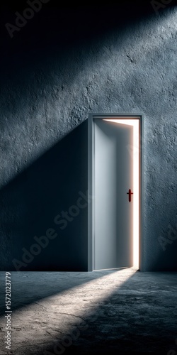 A white door cracks open revealing bright light casting a strong shadow on a dark textured wall