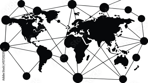 Photo of a connected world map symbolizes global network, international communication, and digital technology