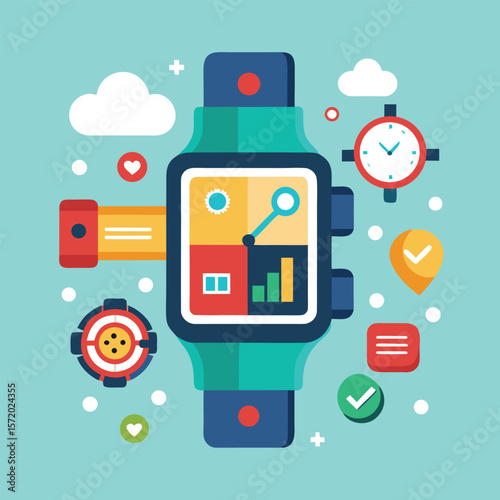 Stylish smartwatch illustration with icons and data display on a teal background for digital design