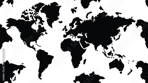 Photo of a black and white world map showing continents and countries in a simple design