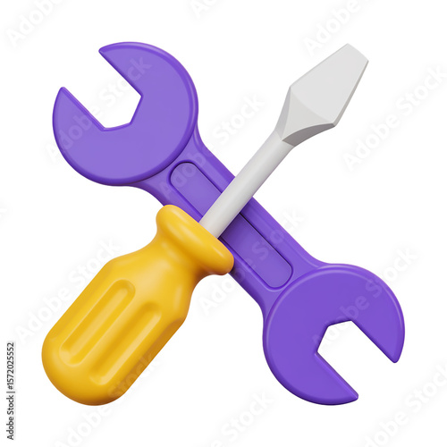 3D wrench and screwdriver icon symbolizing innovation in business and technology on a transparent background