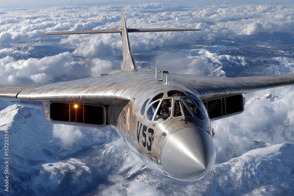Fototapeta premium Vintage silver bomber aircraft flying above snow covered mountains and clouds
