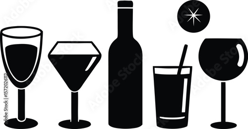 Photo of a collection of elegant wine and cocktail glasses alongside a bottle, representing celebrations and social gatherings